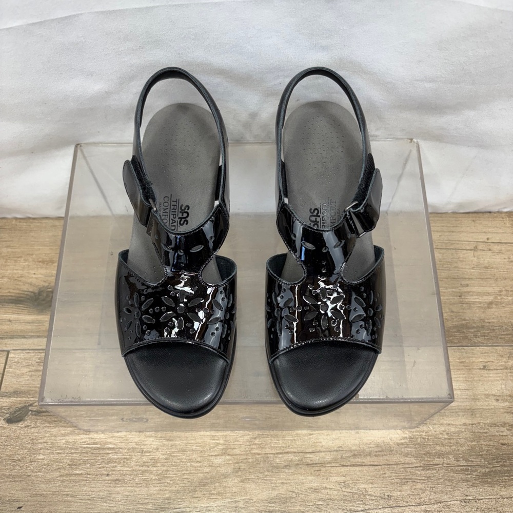 SAS 6.5 W Sunburst Patent Leather Black Heel Strap Sandal New with box. - Picture 5 of 10